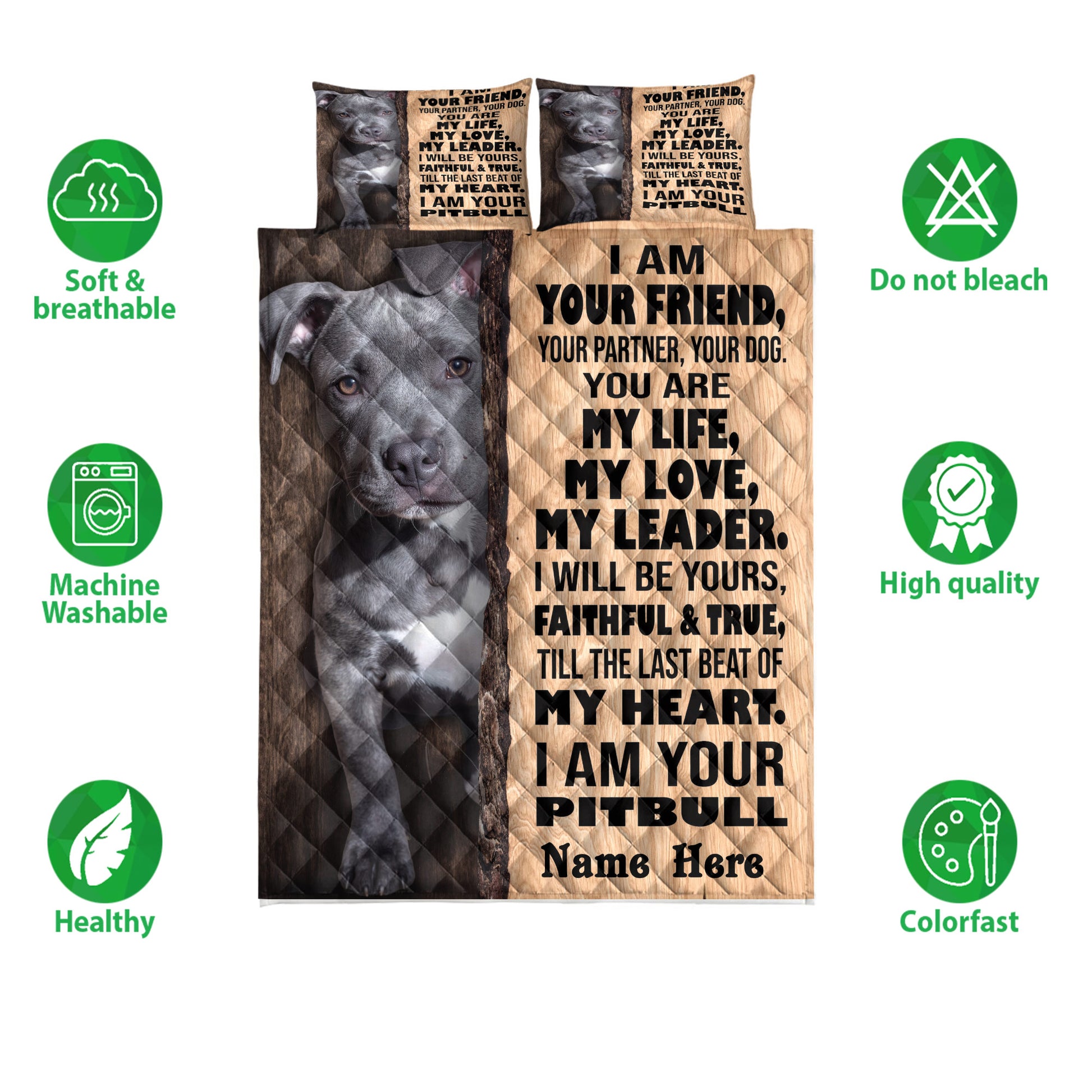 American Staffordshire quilt bedding set with pit bull portrait artwork and bold message design