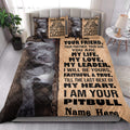 American Staffordshire dog quilt bedding styled in a bright bedroom with portrait artwork