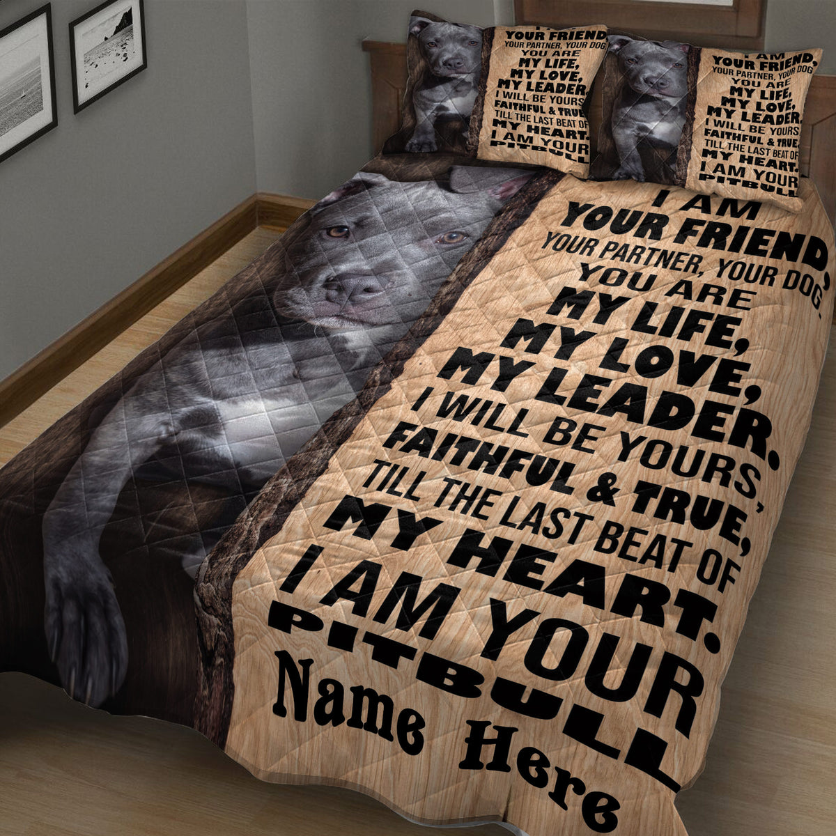 American Staffordshire quilt blanket displayed on a bed with large pit bull portrait and rustic design