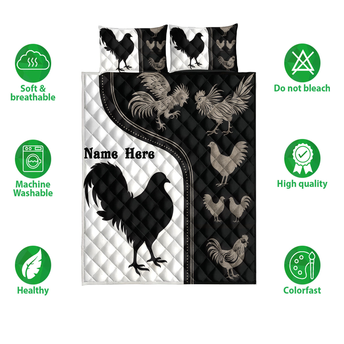 Chicken quilt bedding set shown with bold hen and rooster artwork plus product feature icons