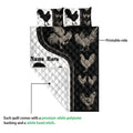 Chicken quilt blanket detail showing printed rooster artwork, quilted texture, and white backing