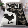 Chicken quilt bedding set styled in a bright bedroom with hens, roosters, and black and white artwork