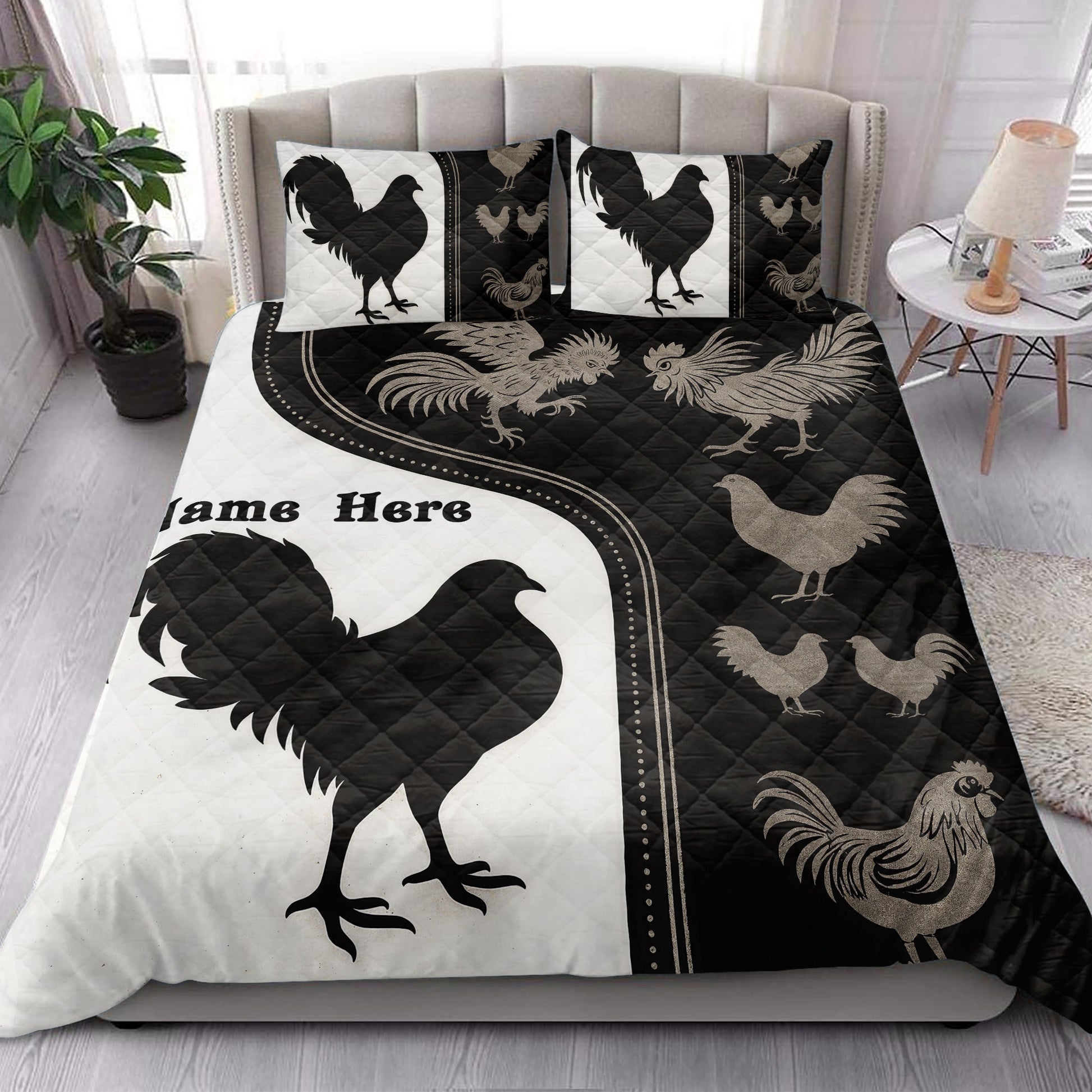 Chicken quilt bedding set styled in a bright bedroom with hens, roosters, and black and white artwork
