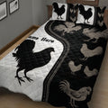 Farmhouse chicken quilt blanket displayed across a bed with rooster and hen illustrations