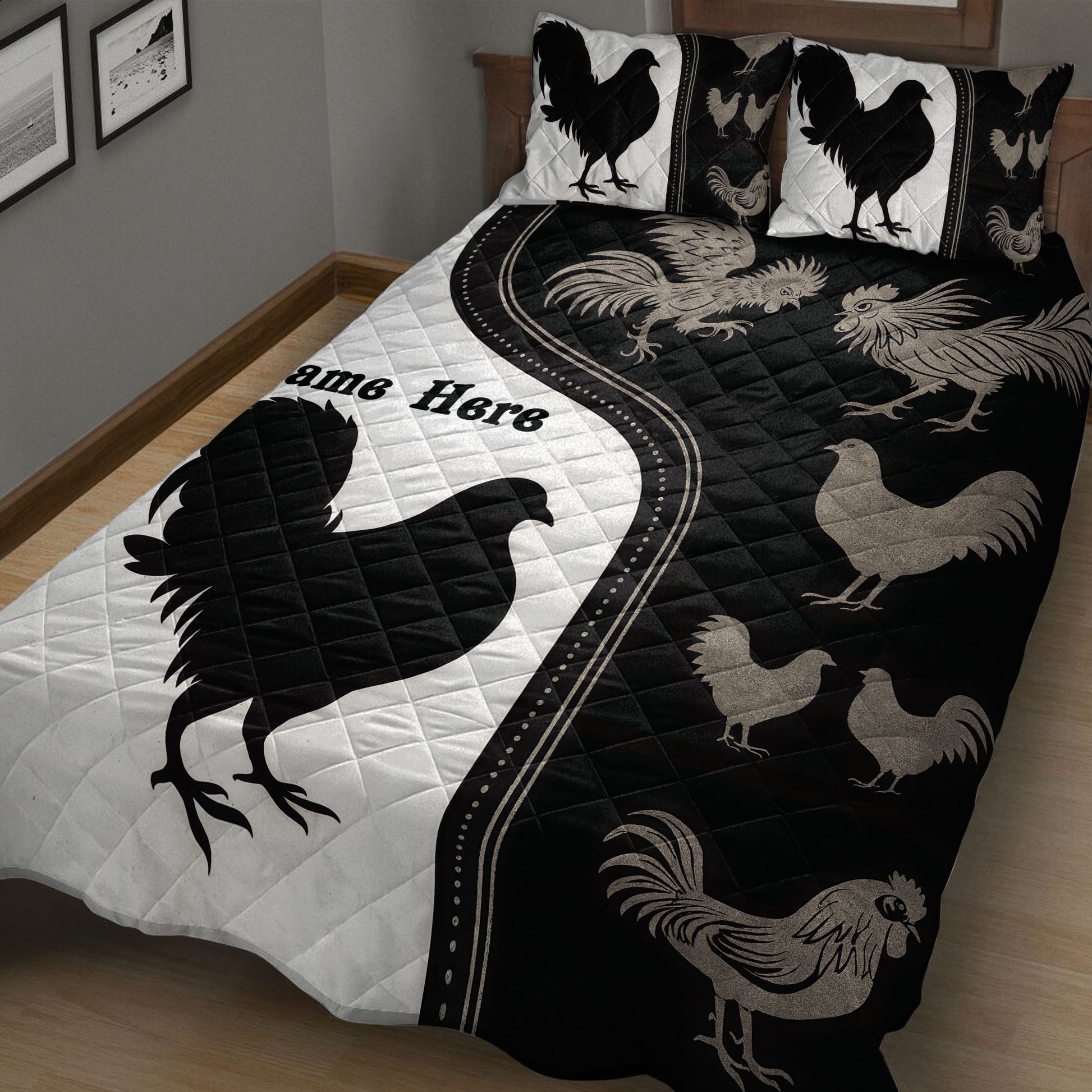Farmhouse chicken quilt blanket displayed across a bed with rooster and hen illustrations
