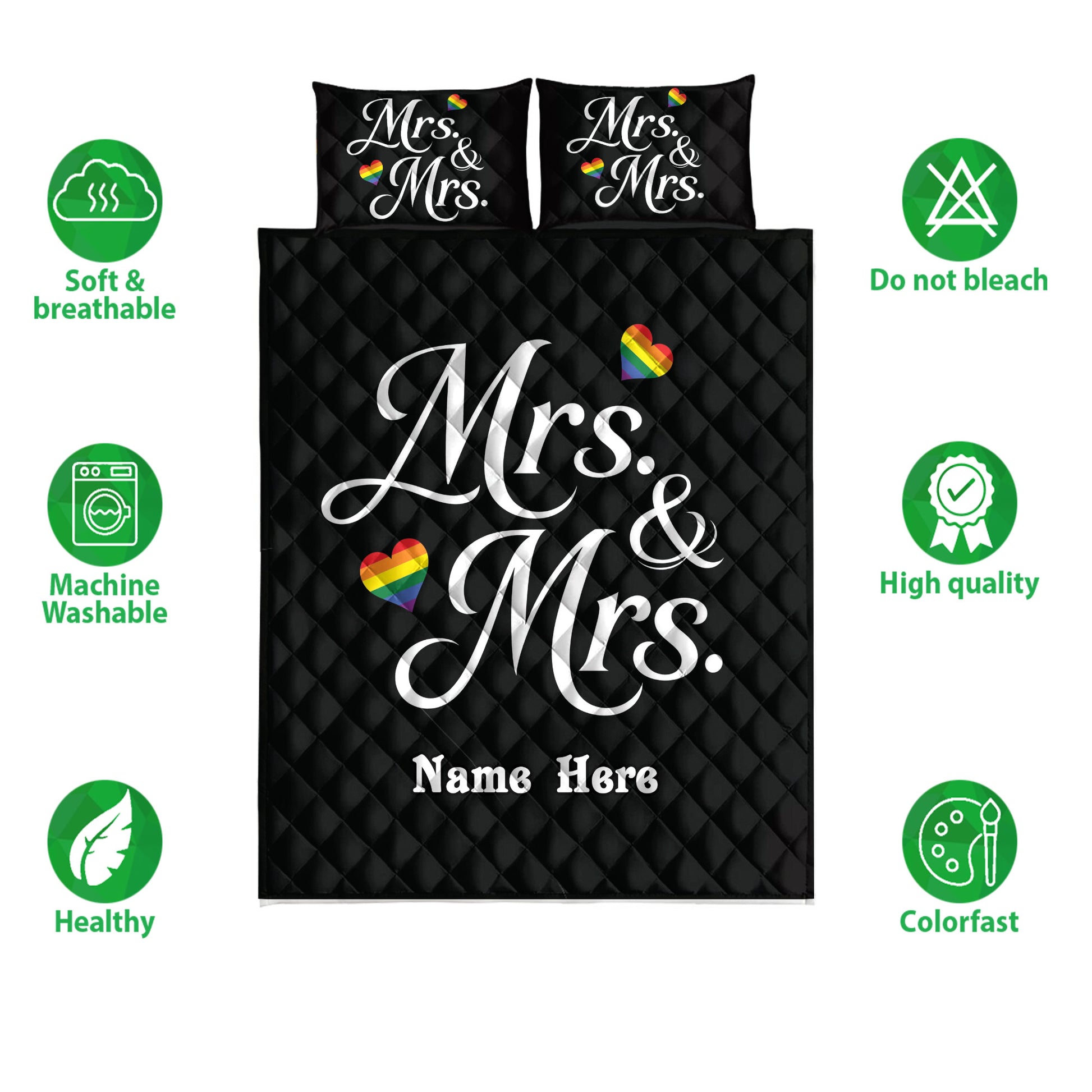 LGBTQ+ Mrs. and Mrs. quilt bedding set shown front-facing with black diamond quilting and rainbow hearts