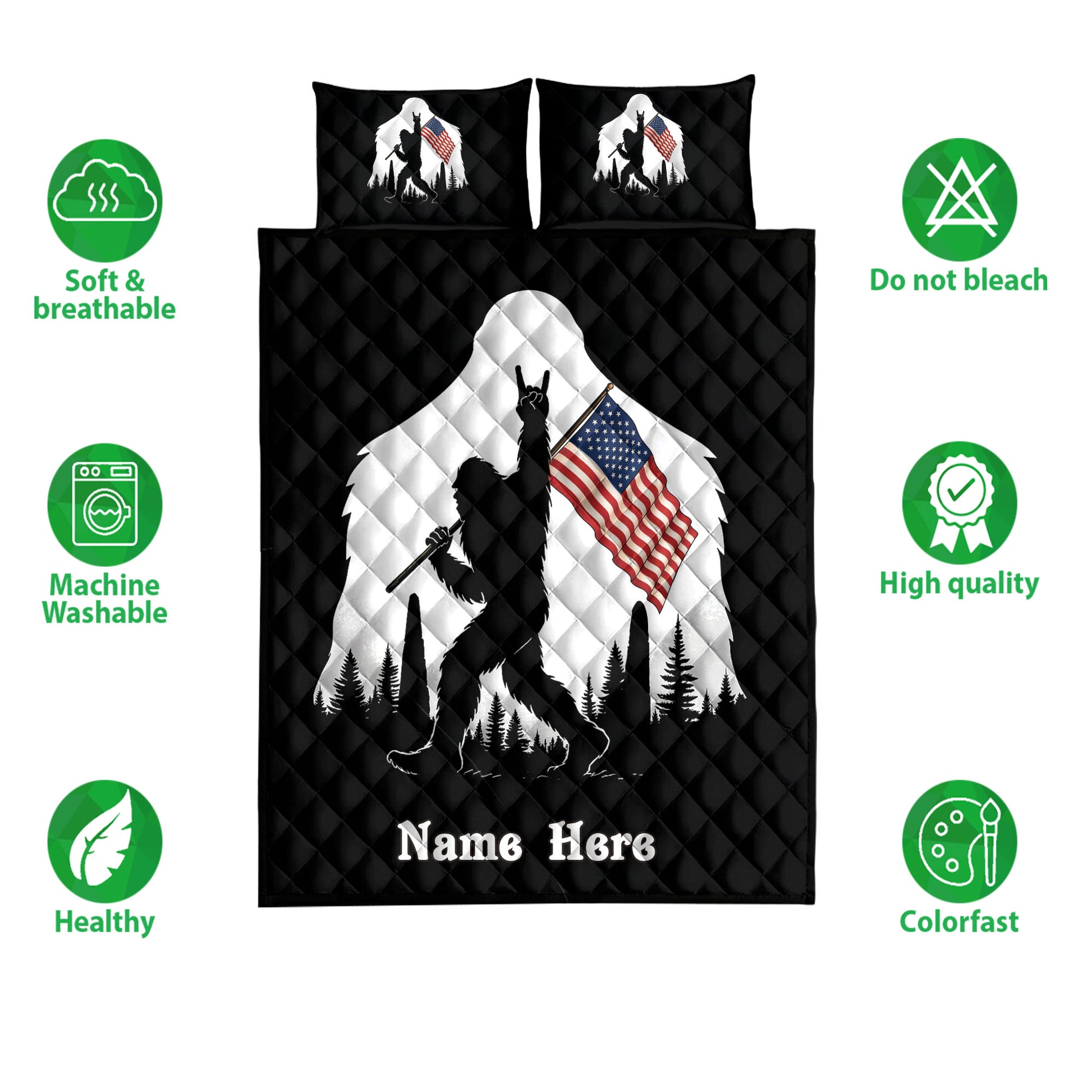 Bigfoot quilt bedding set shown with patriotic forest artwork and product feature icons