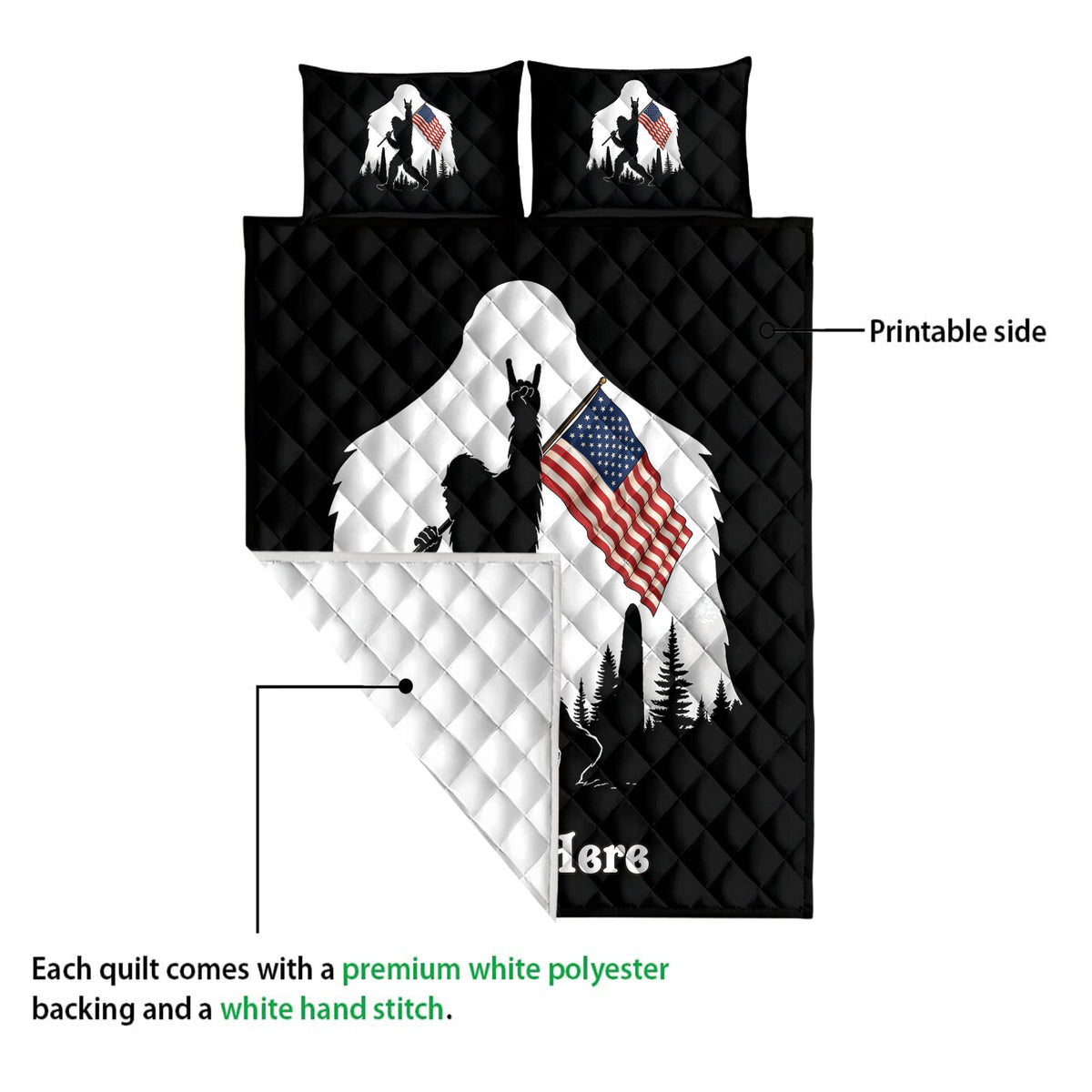 Bigfoot quilt blanket detail showing the printed side, quilted texture, and forest flag artwork