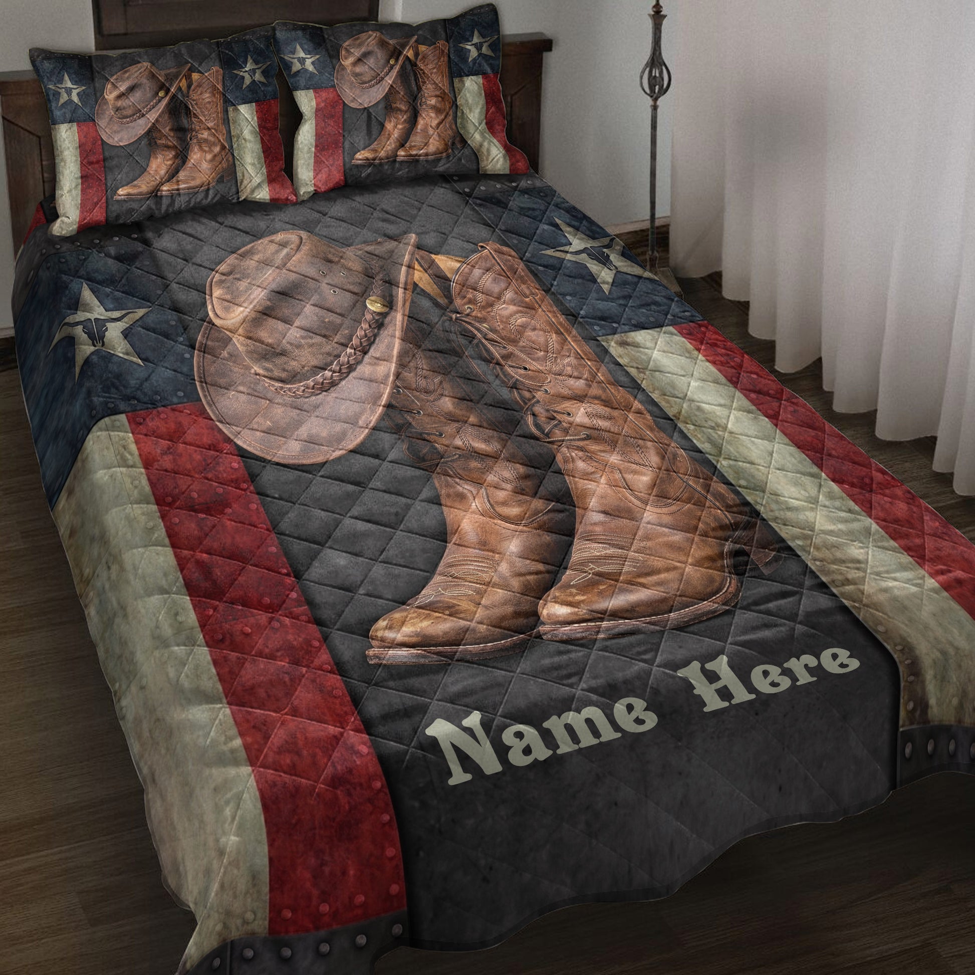 Cowboy quilt blanket on a bed with western boots, hat, stars, and rustic red, cream, and black accents