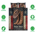 Cowboy quilt bedding set displayed with western boots and hat artwork alongside product feature icons
