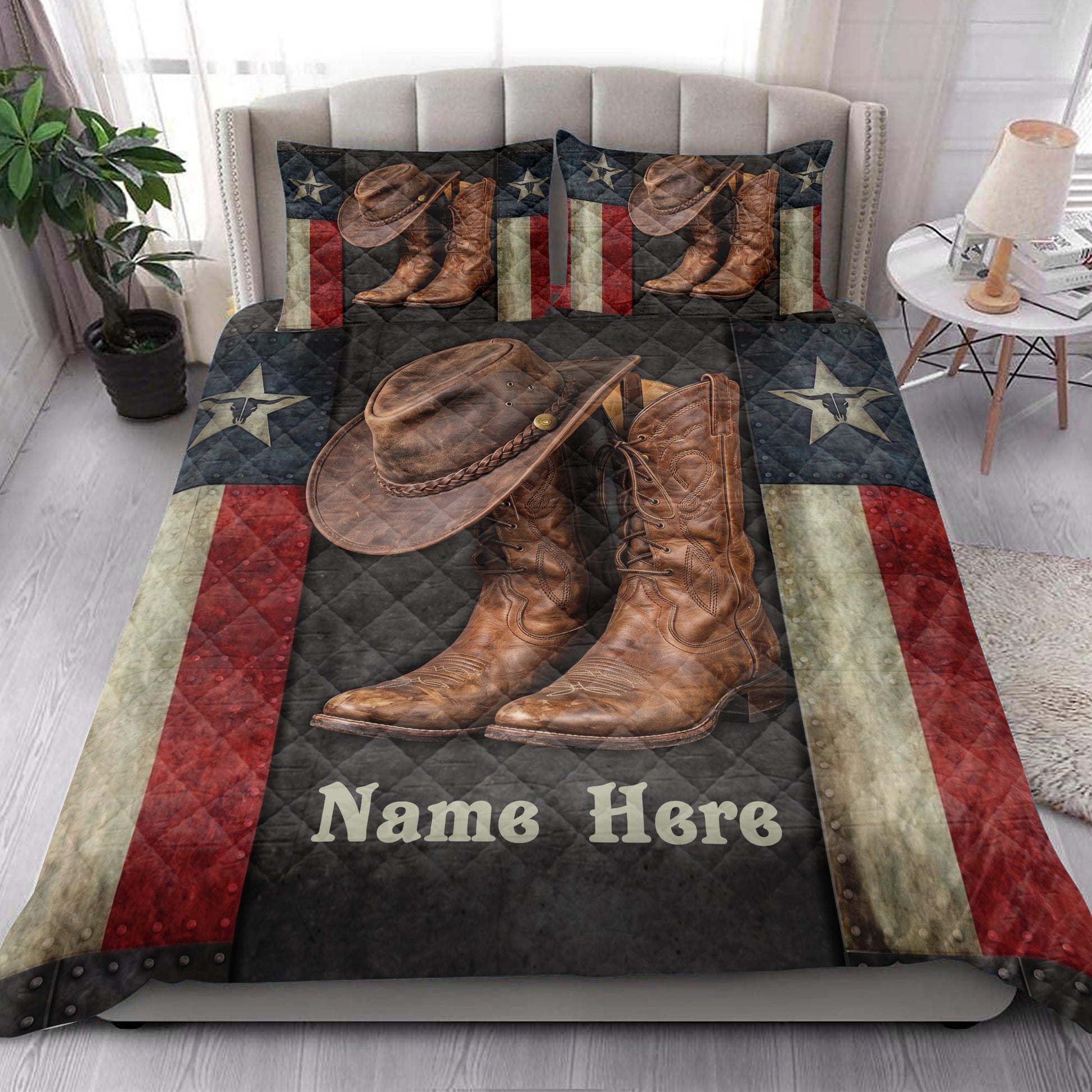 Cowboy quilt blanket styled in a bright bedroom with western boots, hat, stars, and rustic Americana colors