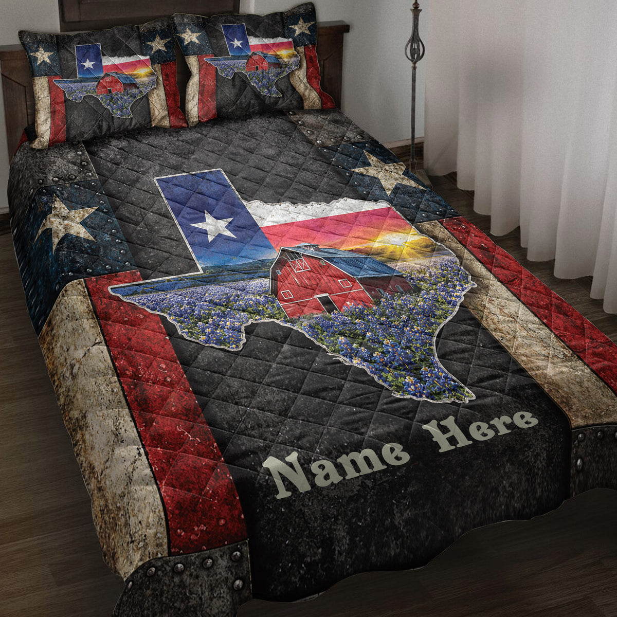 Texas quilt blanket on a bed with red barn, bluebonnet field, Texas flag, stars, and rustic country artwork
