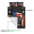 Close view of Texas quilt showing the printed front, quilted backing, barn scene, flag colors, and stars
