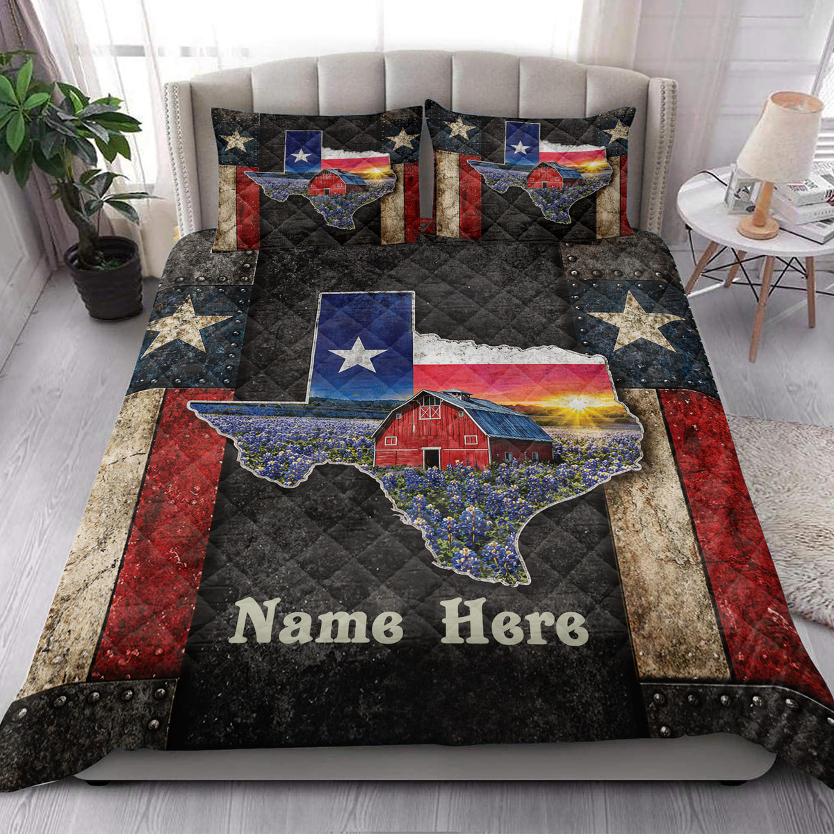 Texas quilt blanket styled in a bedroom with red barn, bluebonnets, Texas flag, and rustic country decor