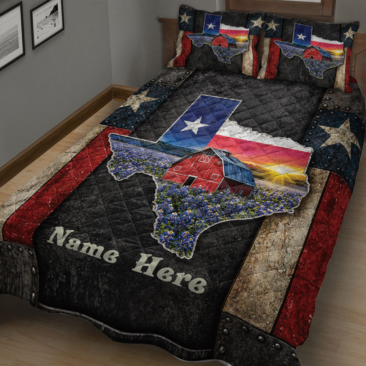 Rustic Texas quilt bedding displayed on a bed with bluebonnets, red barn artwork, stars, and bold flag colors