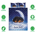 Rottweiler puppy quilt bedding shown in a product feature graphic with a starry blue design