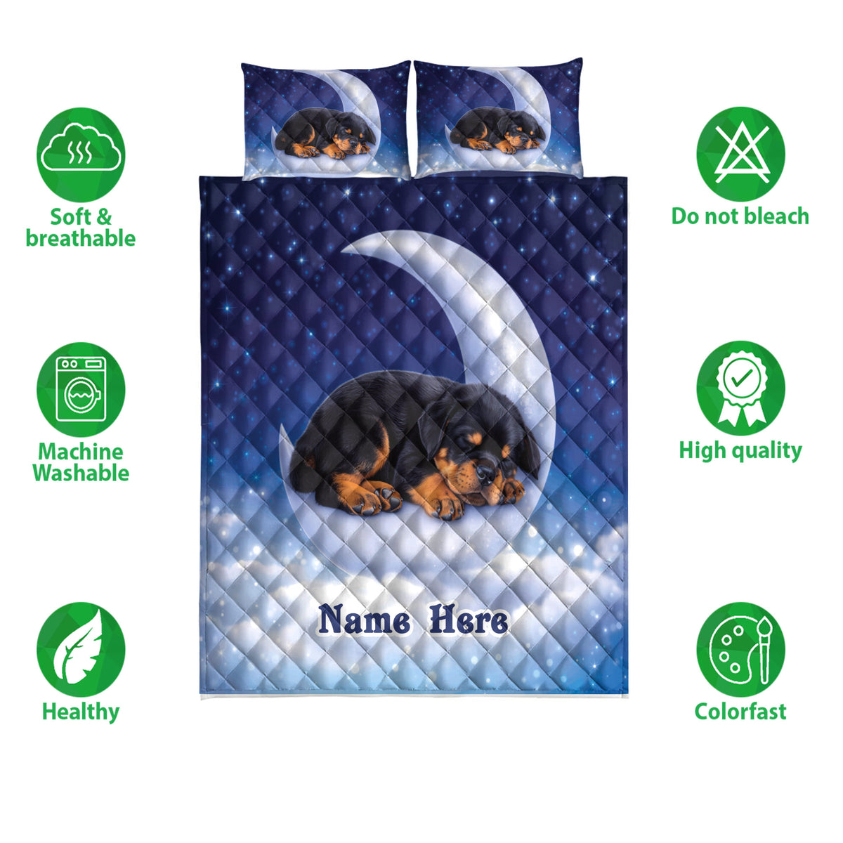 Rottweiler puppy quilt bedding shown in a product feature graphic with a starry blue design