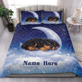 Rottweiler puppy quilt blanket styled in a bright bedroom with moon and star artwork