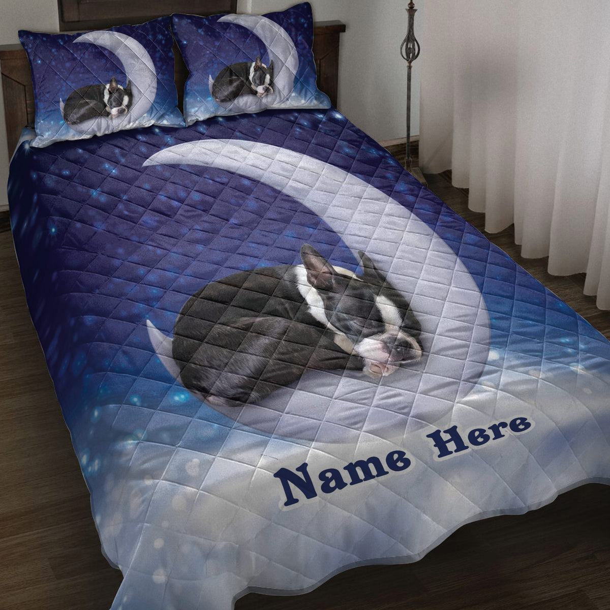 Boston Terrier quilt blanket displayed on a bed with a moonlit blue night sky design