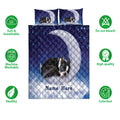 Boston Terrier quilt bedding set shown with blue starry artwork and product feature icons