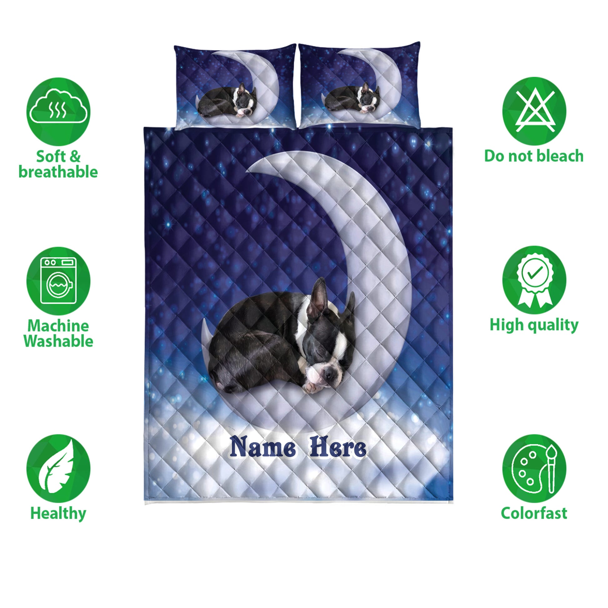 Boston Terrier quilt bedding set shown with blue starry artwork and product feature icons
