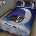 Close view of a Boston Terrier quilt blanket with blue celestial bedroom artwork