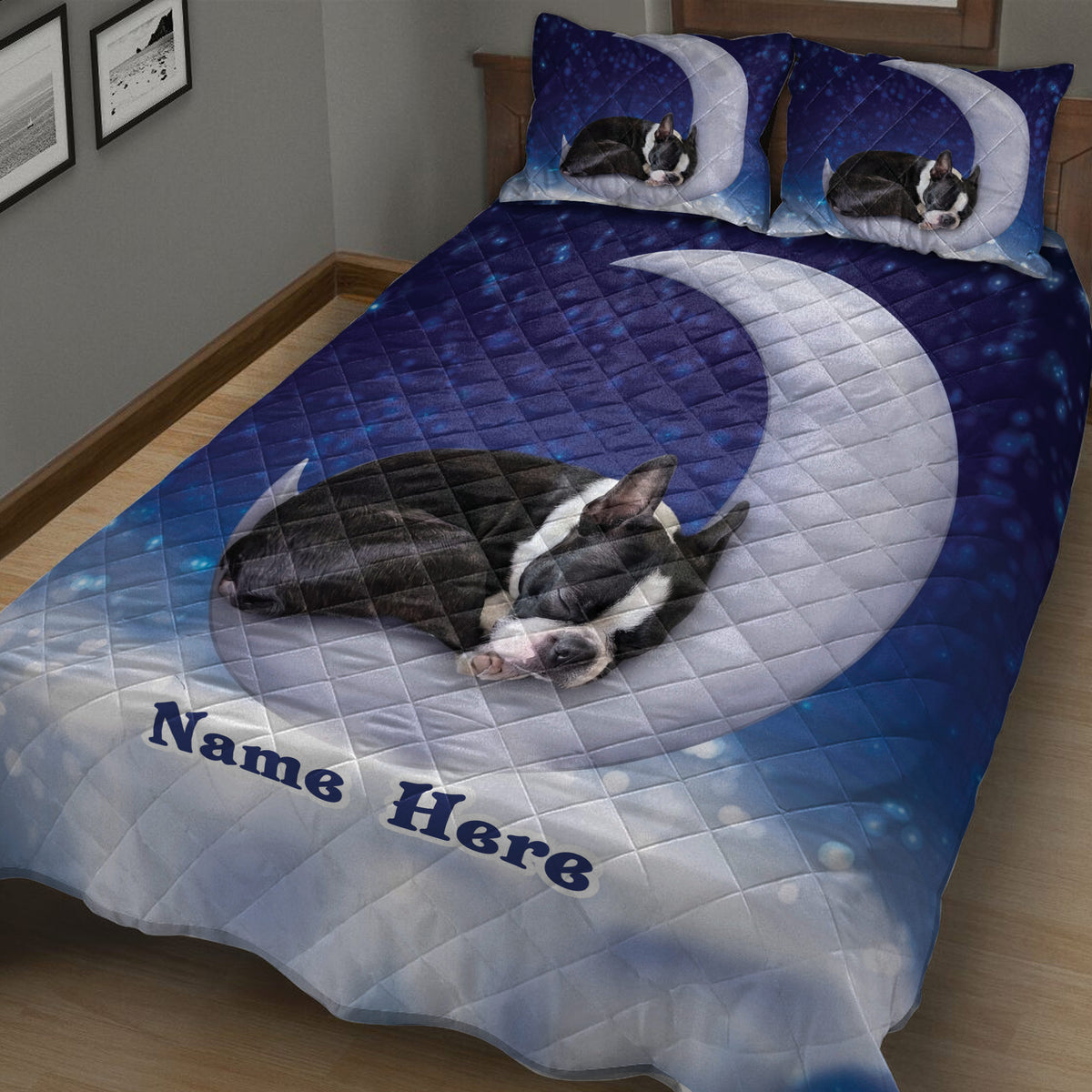 Close view of a Boston Terrier quilt blanket with blue celestial bedroom artwork