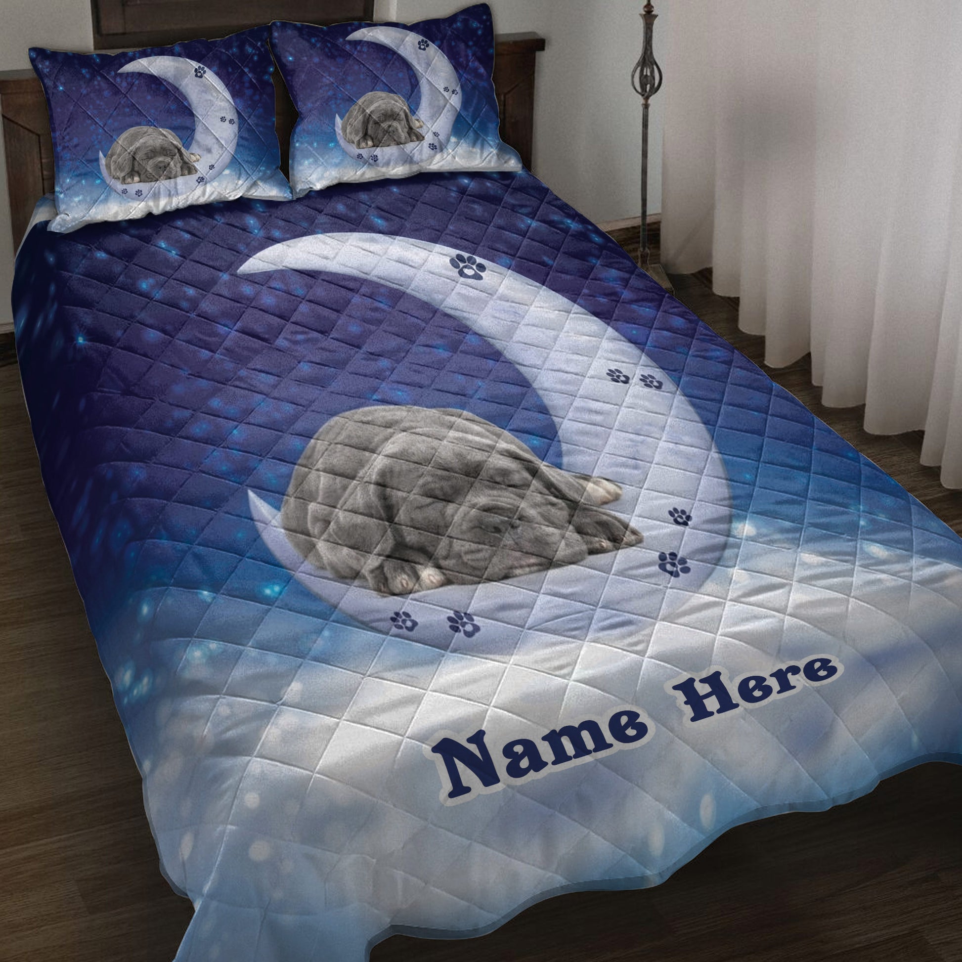Cane Corso quilt blanket in blue moonlit artwork styled on a bedroom with coordinating pillow designs