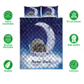 Cane Corso quilt bedding set with blue starry moon artwork shown in a product feature presentation