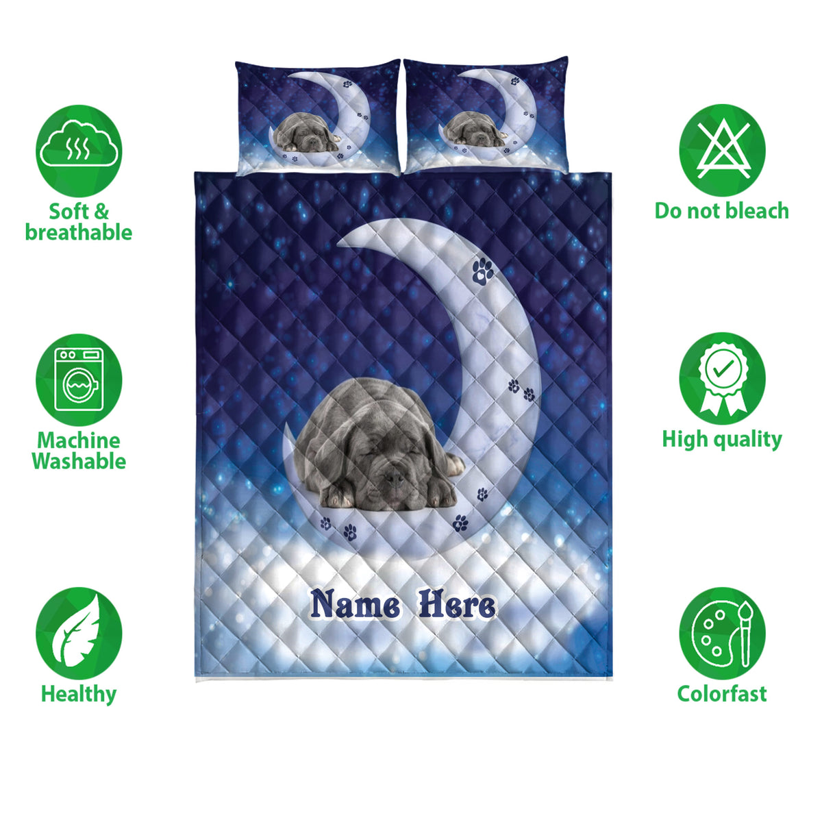 Cane Corso quilt bedding set with blue starry moon artwork shown in a product feature presentation