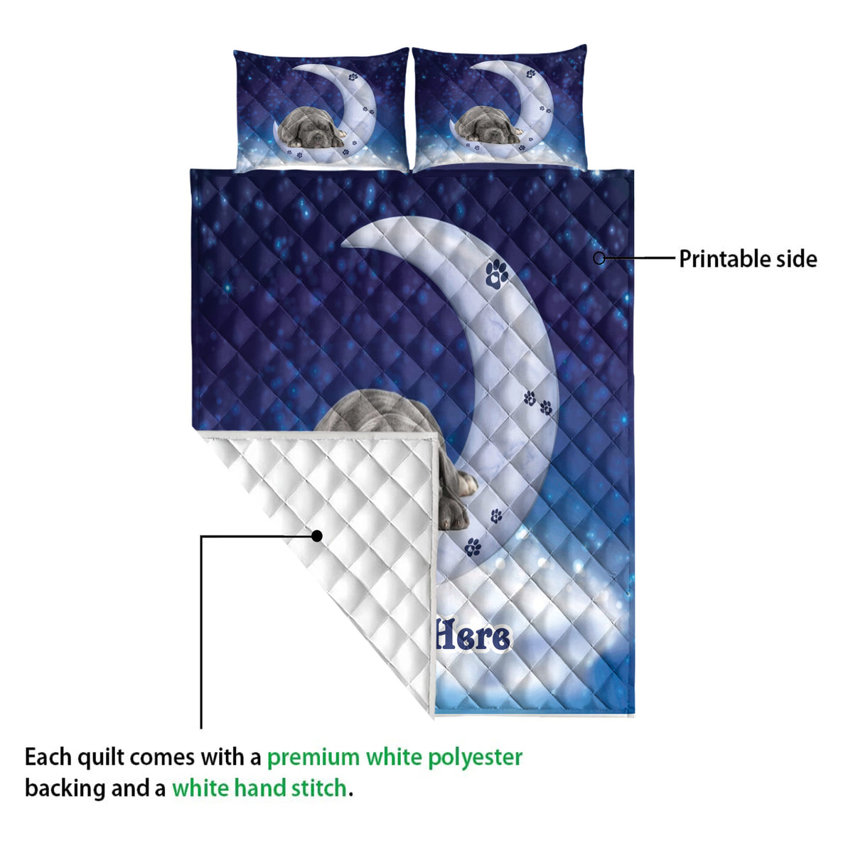 Cane Corso quilt blanket showing the printed blue moon design and white quilted reverse detail