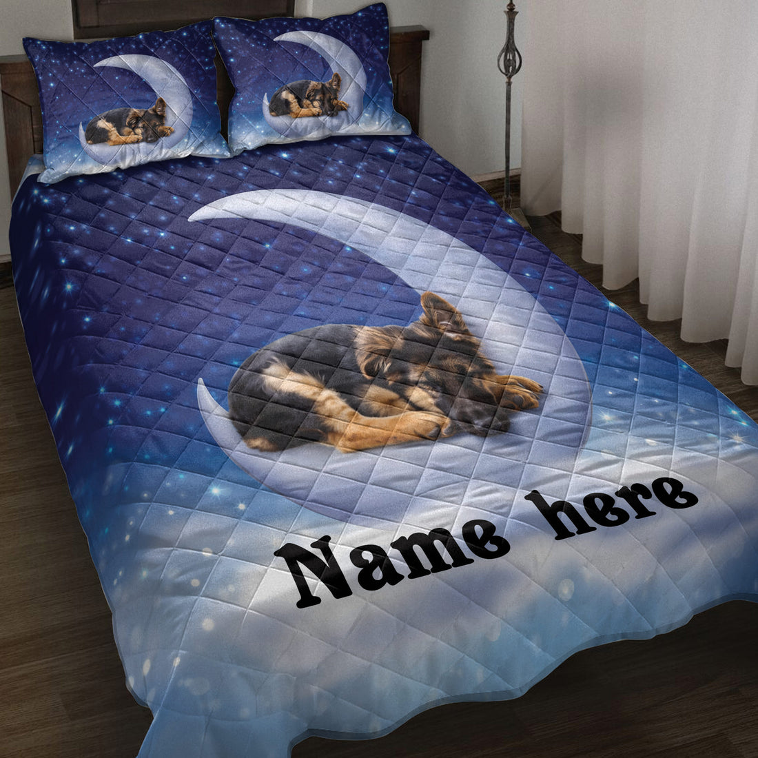 German Shepherd quilt blanket displayed on a bed with sleeping puppies, moon artwork, and a deep blue starry sky