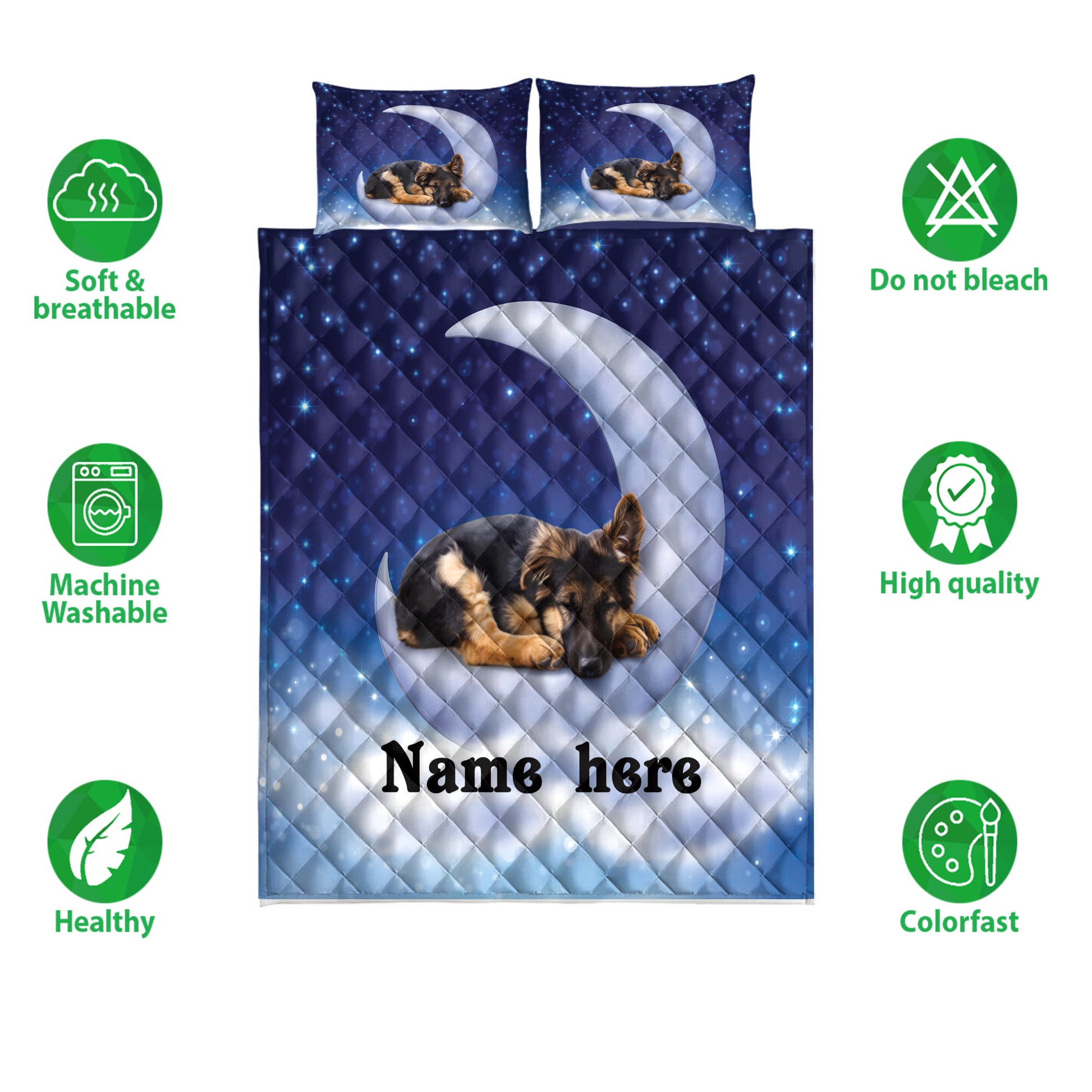 German Shepherd quilt bedding set shown front-facing with sleeping puppy artwork against a blue moonlit star pattern