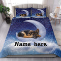 German Shepherd quilt bedding displayed in a bright bedroom with blue starry moon artwork and puppy design