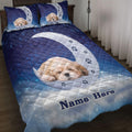 Blue Shih Tzu quilt blanket displayed on a bed with paw prints, moon imagery, and matching pillow designs