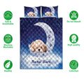 Shih Tzu quilt bedding set shown with blue starry artwork, paw prints, and product care feature icons