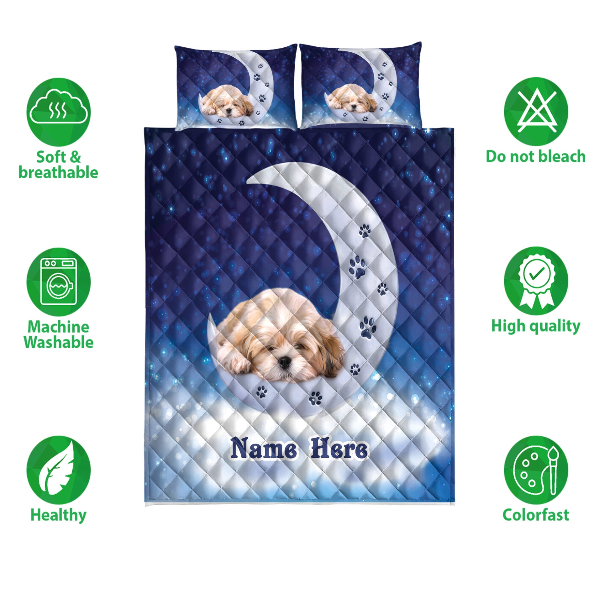 Shih Tzu quilt bedding set shown with blue starry artwork, paw prints, and product care feature icons