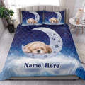 Shih Tzu quilt bedding set styled in a bright bedroom with blue moon, stars, and paw-print artwork