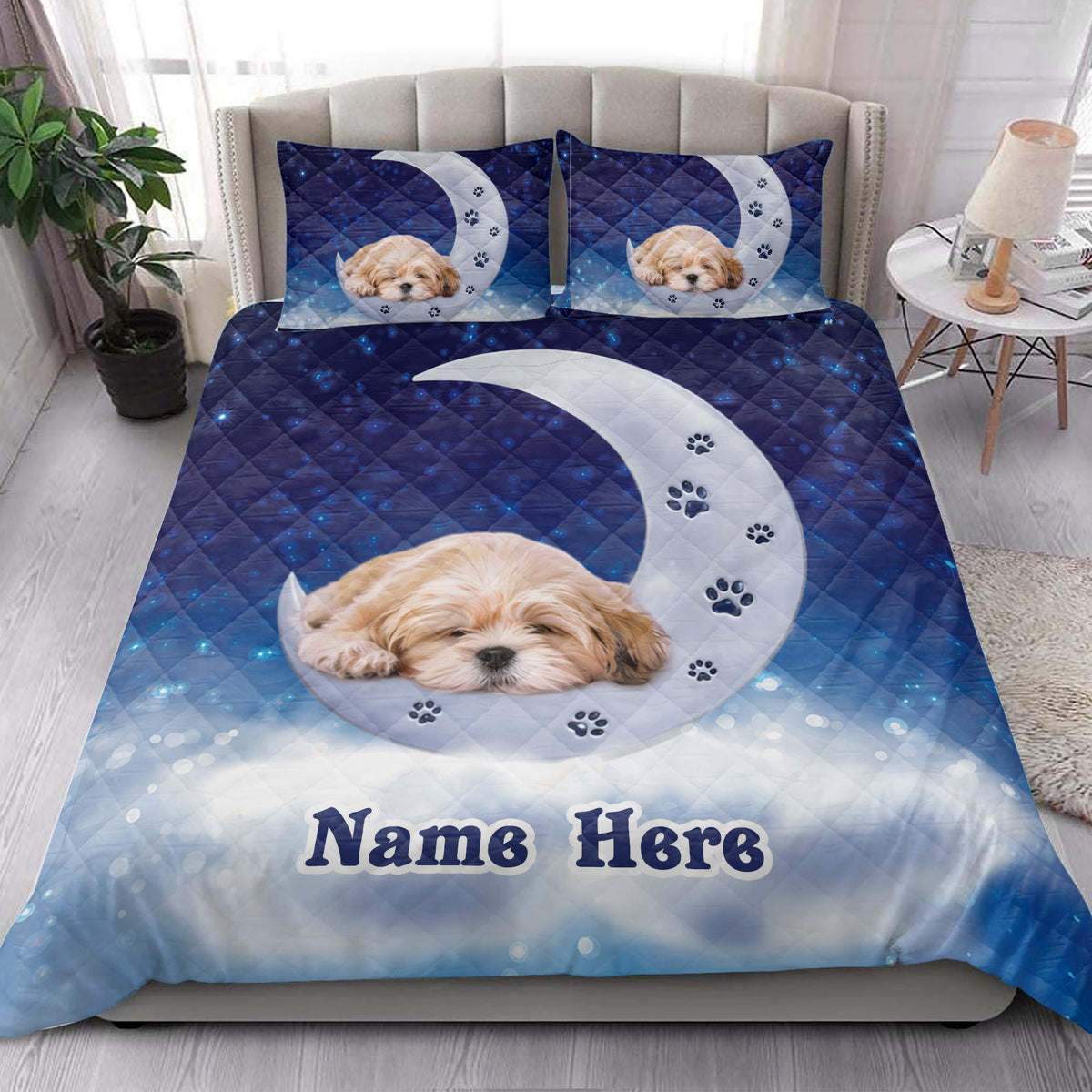 Shih Tzu quilt bedding set styled in a bright bedroom with blue moon, stars, and paw-print artwork