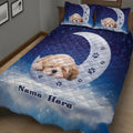 Blue Shih Tzu quilt blanket spread across a bed with moon artwork, paw prints, and matching pillow designs