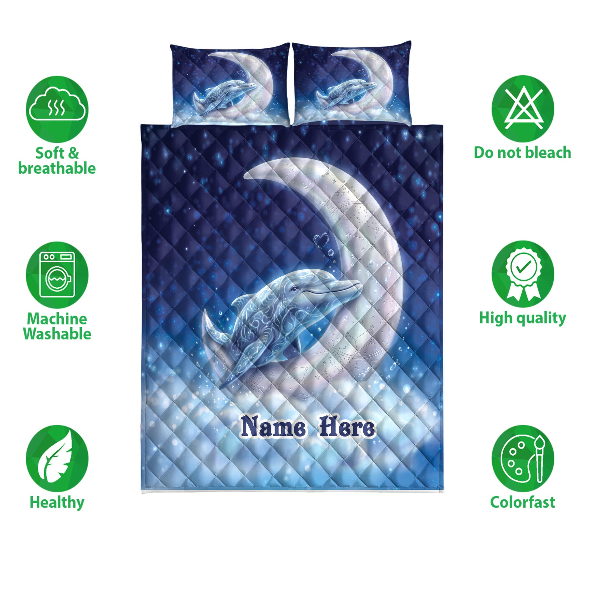 Dolphin quilt bedding set shown with soft breathable and machine washable feature icons
