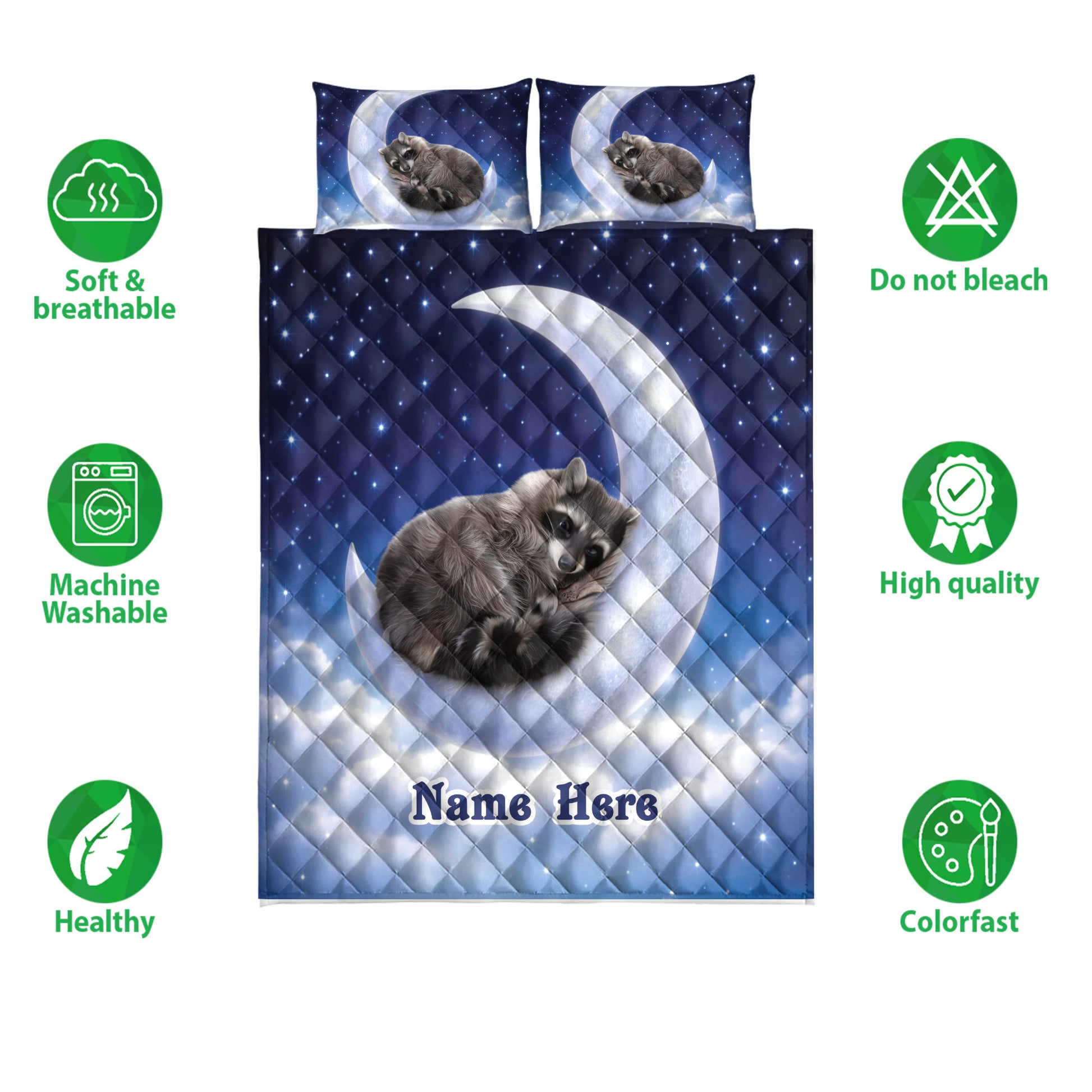 Raccoon quilt bedding set displayed with starry night artwork and coordinating moonlit pillow designs