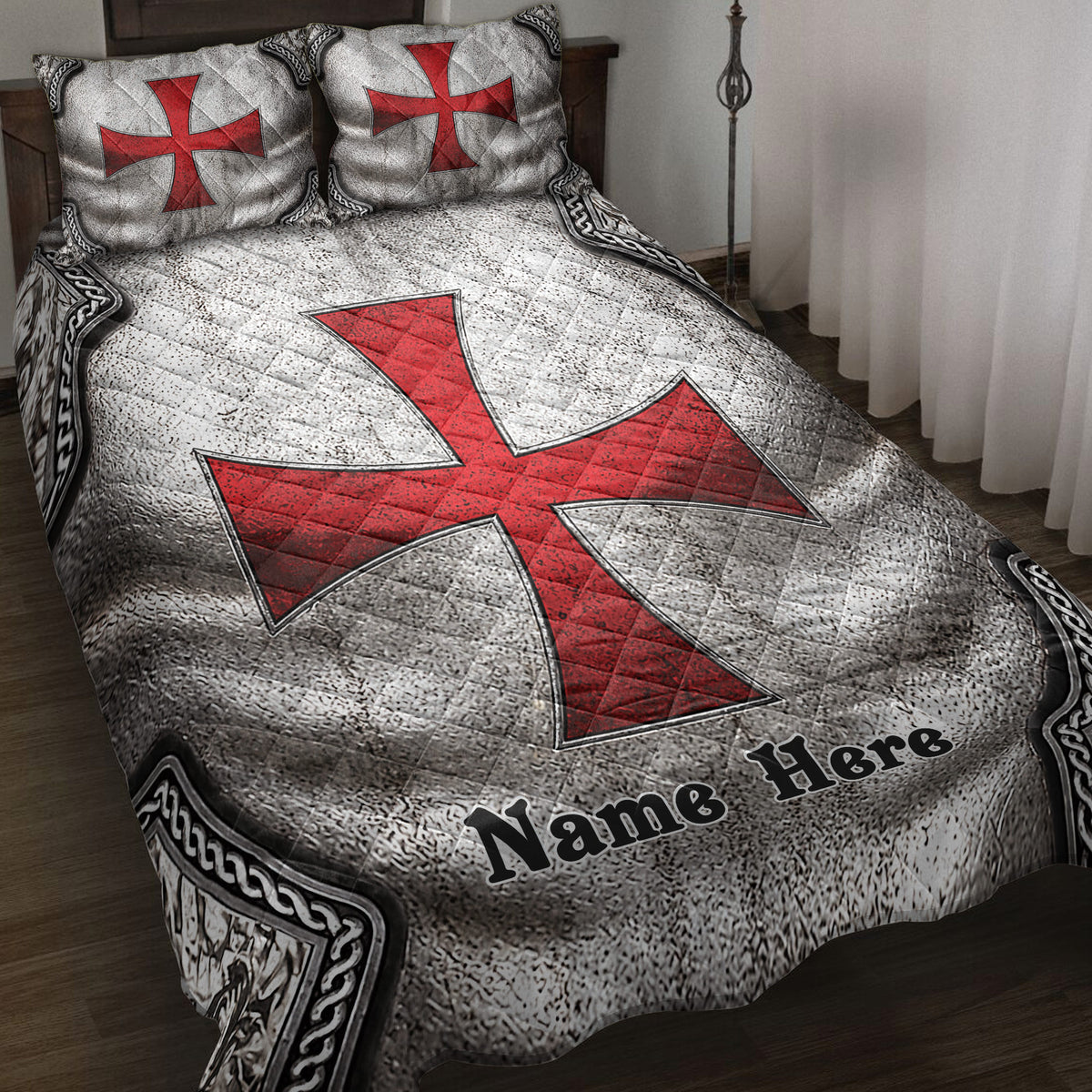 Knights Templar quilt blanket displayed on a bed with red crosses, silver armor texture, and ornate black borders