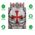 Knights Templar quilt bedding set shown with red cross artwork and illustrated care and quality feature icons