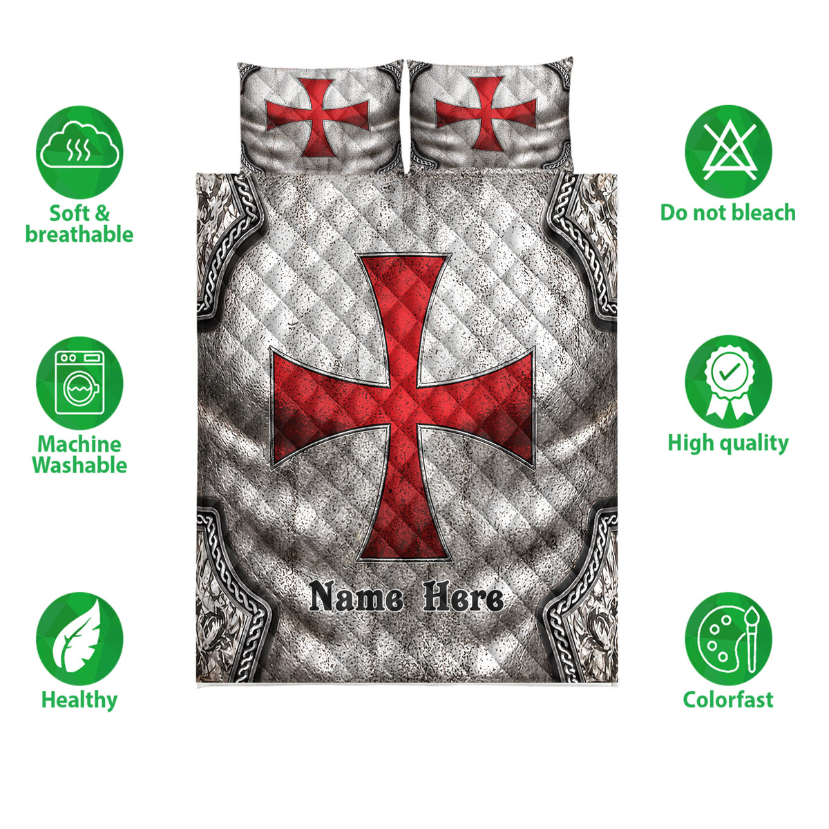Knights Templar quilt bedding set shown with red cross artwork and illustrated care and quality feature icons