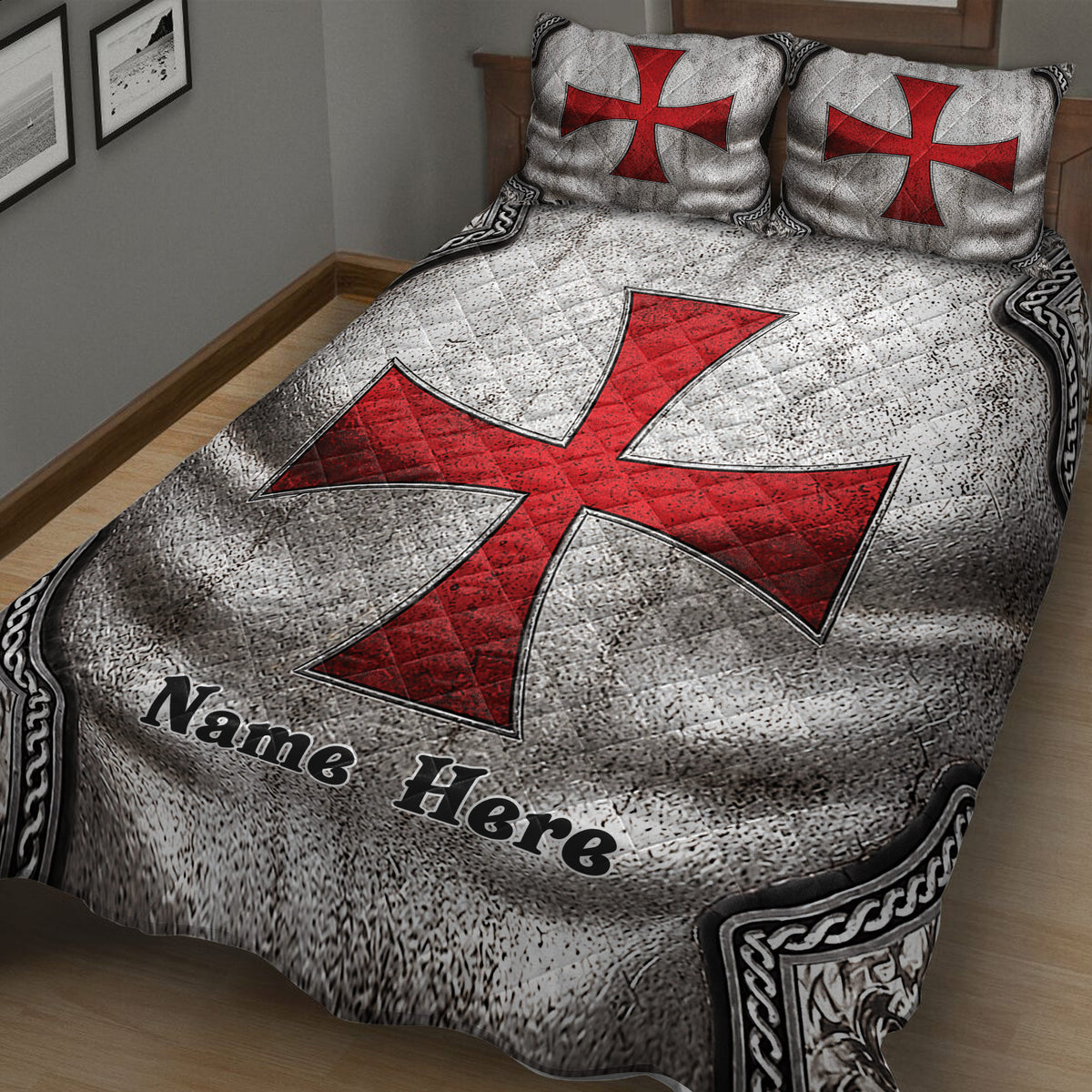 Medieval Knights Templar quilt blanket displayed across a bed with large red cross artwork and silver detailing