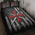 Knights Templar quilt blanket displayed on a bed with red crosses, crossed swords, stars, and black distressed stripes