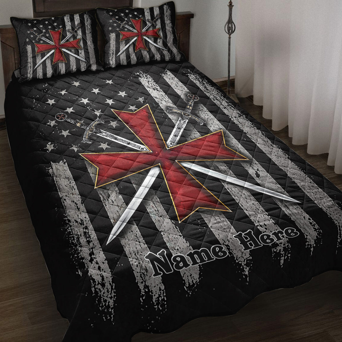 Knights Templar quilt blanket displayed on a bed with red crosses, crossed swords, stars, and black distressed stripes