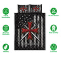 Knights Templar quilt bedding set with red cross and sword artwork shown with breathable and washable feature icons