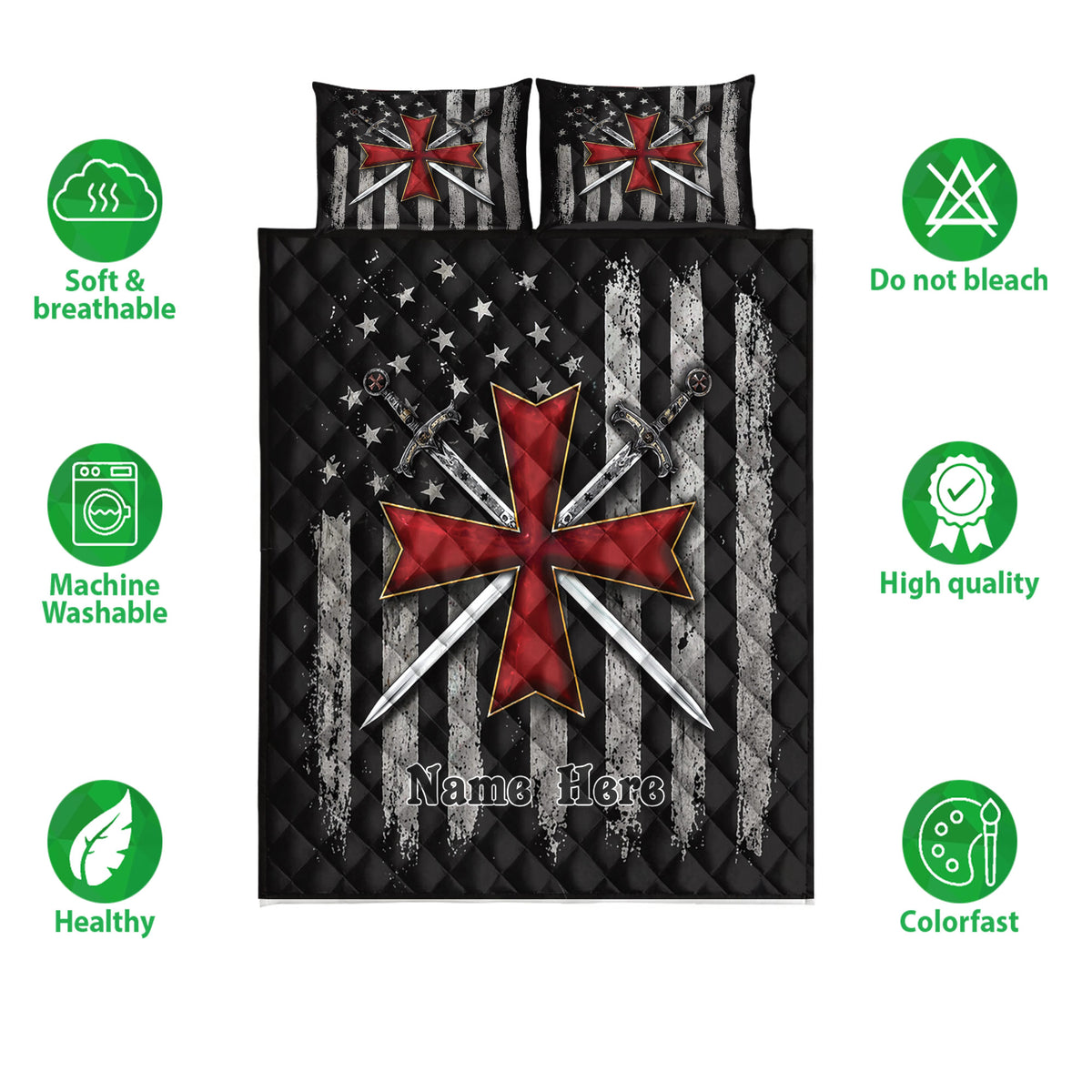 Knights Templar quilt bedding set with red cross and sword artwork shown with breathable and washable feature icons